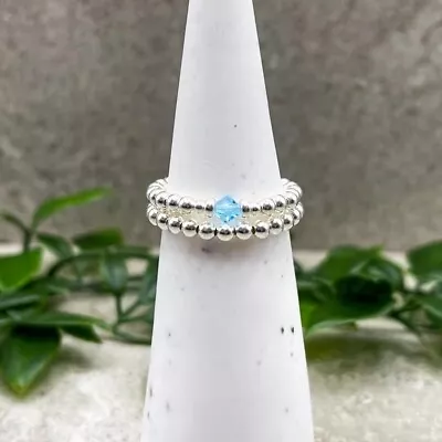 Sterling Silver March Birthstone Ring Aquamarine Stretch Beaded Stacking • $19.58