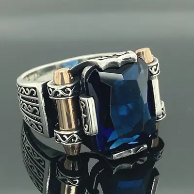 Men Blue Stone Ring  Zircon Sapphire Stone Ring  Turkısh Handmade Ring • $59