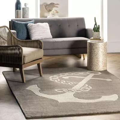 Nautical Anchor Beige Hand-Tufted 100% Wool Soft Area Rug Carpet • £184.76