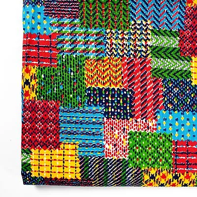 Vtg Cotton Fabric Faux Patchwork Primary Colors 44x38 50's 60's Plaid Gingham • $12.73