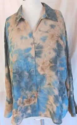 Milano Woman Blouse 2X Blue Tan Priint Button Front Long Sleeve  • $12.89