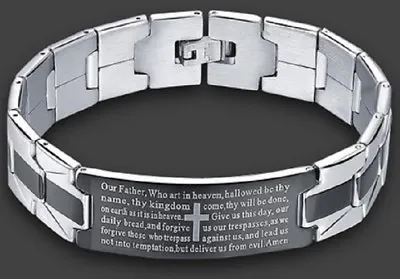 High Quality Stainless Steel Silver Bracelet Lords Prayer Cross Bangle Jesus UK • £13.95