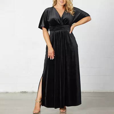 Women Velvet Evening Party Ball Gown Short Sleeve Cocktail Split Maxi Wrap Dress • £18.89