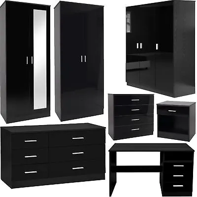 £63.99 • Buy Bedroom Furniture 3 Piece Set Black Gloss Wardrobe Drawer Bedside Chest Table
