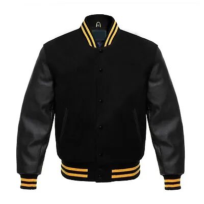 Varsity Bomber Letterman Black Wool & Real Cowhide Leather Sleeves Jackets • $84.62