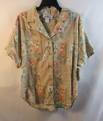 Erin London Shirt Women Large Beige Patterned Short Sleeve Notch Collar Silk New • $19.99