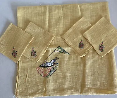 Vtg Hand Embroidered Tablecloth & Napkins 33 X 35  Lady In Bonnet Flowers Garden • $17.07