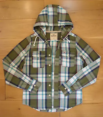 MENS Large HOLLISTER HOODED SHIRT OVERSHIRT Green Check Plaid 100% COTTON • £22