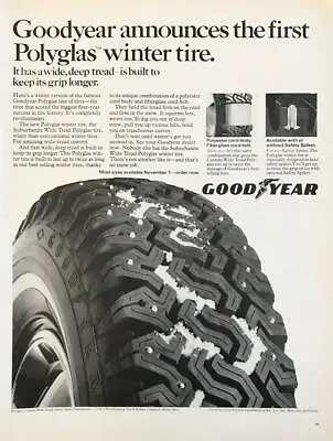 1968 Goodyear Polyglas Winter Tires Print Ad Wide Deep Tread Keeps Grip Longer • $16.61