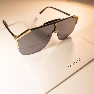 Gucci GG0291S 001 Unisex Shield Sunglasses In Black/Gold With Grey Lens 100% UV • $209