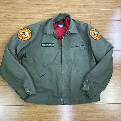 Vintage 70s OSHKOSH B’GOSH Green Work Jacket Red Quilt Lined Sz 42R With Patches • $67.99