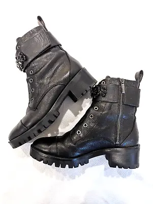Karl Lagerfeld Black Leather Ankle Boots With Jeweled Ankle Strap 8M • £31.34