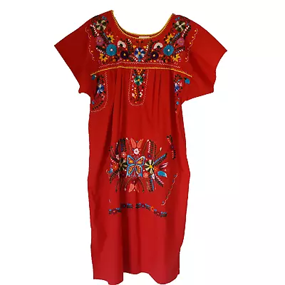 Mexican Floral Embroidered Dress Size XL Bright Red Traditional Pueblo Boho • $29