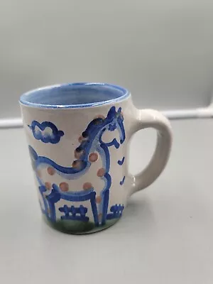 Vintage MA HADLEY Stoneware Pottery Blue Horse The End Cup 4” Tall X 3”  2 • $12