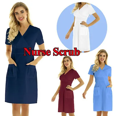 $17.59 • Buy Women Pocket Dress Medical Doctor Nurse Scrubs Solid Work Uniform US