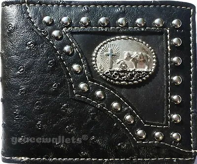 Mens Wallet Western Bifold Style W012-33 Praying Cowboy Ostrich Black • $11.99