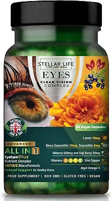 Lutein Zeaxanthin Blueberry Eye Supplement Clear Vision Vitamin Complex Vegan • £9.59