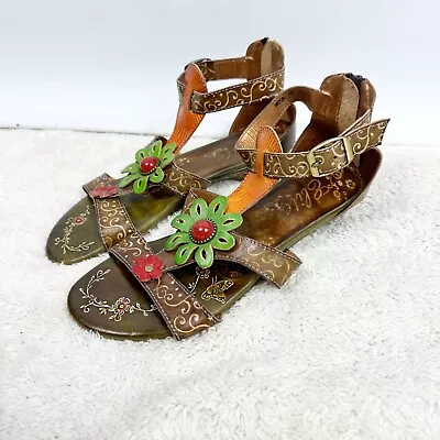 Elite By Corkys Mesa T-Strap Sandals Leather Stamped Floral Beaded Size 10 • $36.95