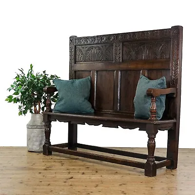 Antique Carved Oak Settle (M-5199) • £1650