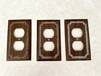 Vintage Lot Of 3 American Tack Metal Outlet Covers Wood Look Gold Trim • $13.95