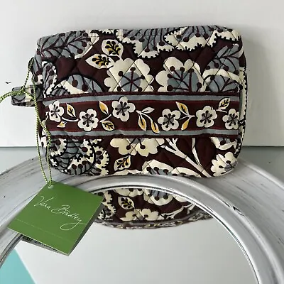 VERA BRADLEY SMALL COSMETIC BAG Slate Blooms Zipper Chocolate Brown Blue Floral • $11.95