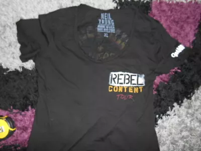 NEIL YOUNG  REBEL CONTENT TOUR  LADIES T- SHIRT SIZE  36 INCH CHEST rock.metal • £6.99