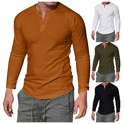 Mens Casual Long Sleeve T-shirt V Neck Slim Fit Muscle Blouse Tee Tops Shirts US • $20.01