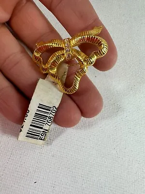 Vintage Brooch Tatiana Faberge Enhancer Bow Signed Goldtone Crystal Pin Tag • $85