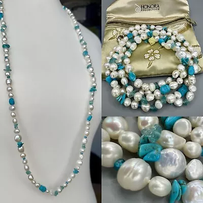 Beautiful HONORA Pearl Turquoise Aquamarine & Freshwater Necklace 40” Long • £35