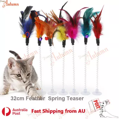 Cat Play Toy Feather Teaser Spring Suction Cup Interactive Stick Kitten Pet Fun • $6.49