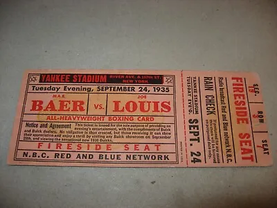 $9.99 • Buy Max Baer Vs. Joe Louis Prize Fight Full Ticket Yankee Stadium 9-24-1935
