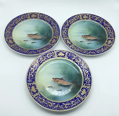 Meito China Cabinet Plate Japan Handpainted With Fish Heavily Gilded Border • £58.99