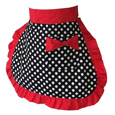 Women Girls Polka Dots Waist Half Apron Maid Uniform Workwear Ruffle Bow Pocket • $17.57