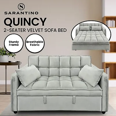 Sarantino Tufted 2-Seater Velvet Sofa Bed - Light Grey • $449