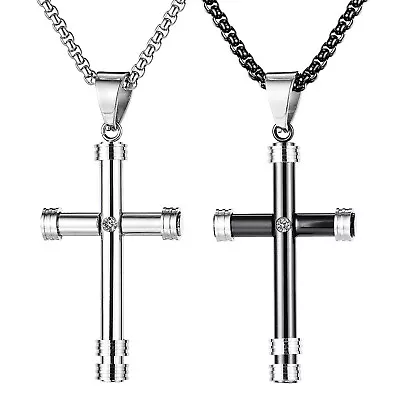 Men Women CZ Cross Titanium Stainless Steel Pendant Necklace Rolo Chain 22  • $20.99