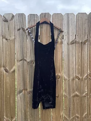 Vintage 90s Little Black Crushed Velvet Halter Dress • $40