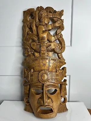 Hand Carved Wood Mayan Mask Warrior Pyramid Jaguar Snake. Chichén Itzá Artisan • $98