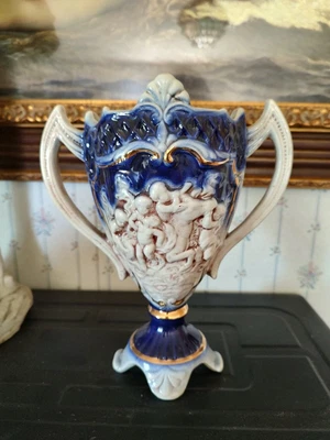 $18 • Buy Vintage ITALIAN VASE Cobalt Blue & Cream & Gold  Angel Cherub Design 9  Tall