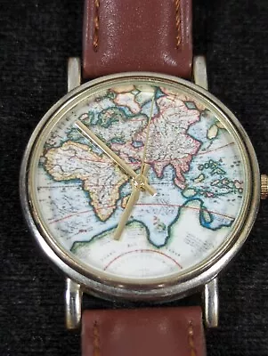 Globe Map Dial Round Gold Tone Case Brown Leather Band Watch 7 Inch • $13.99