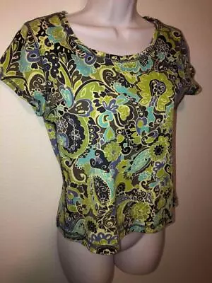 Sigrid Olsen PM Petite M - Limę Green & Periwinkle Blue S/S Paisley Floral Tee • $14.95