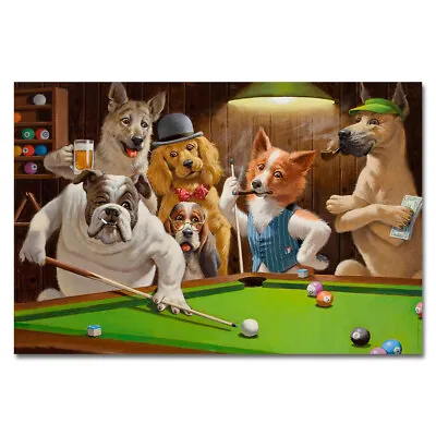 Dogs Play Billiards Funny Poster Animal Wall Art Picture Print Home Decor 24x36 • $15.82