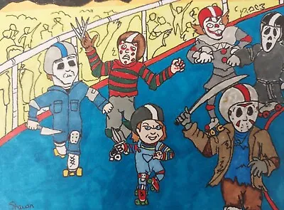 Slasher Roller Derby! Sketch Card Chucky Freddy Michael Myers Penny Wise • $10