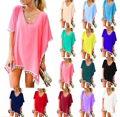 £7.97 • Buy Women Valentain Bikini Cover Up Beach Dress For Swim Pom Pom Trim Kaftan Chiffon