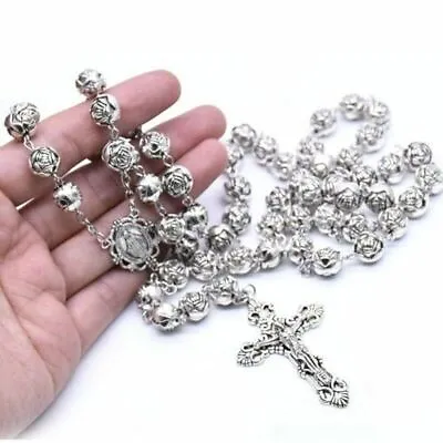 Lady Of Grace Mary Jesus Crucifix Cross Rose Flower Beads Rosary Necklace* • £4.64