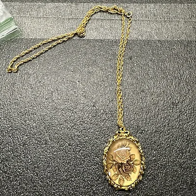 Vintage Max Factor Perfume Locket Roses Under Glass Gold Tone Frame Necklace • $15.61