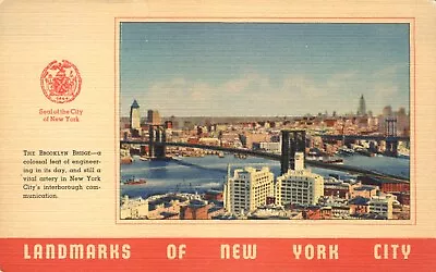 Landmarks Of New York City Brooklyn Bridge City Seal 1940s Postcard • $4.99