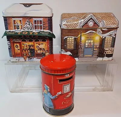 Vtg Tins Containers Houses Library Toy Store English Post Box Piggy Bank Lot • $18.99