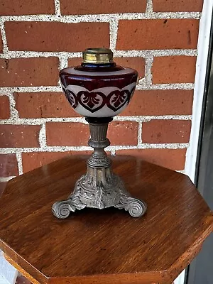 Antique 1870 Ruby Stained Font Frosted Cast Iron Base Oil Lamp #2 Oil Burner • $43.65