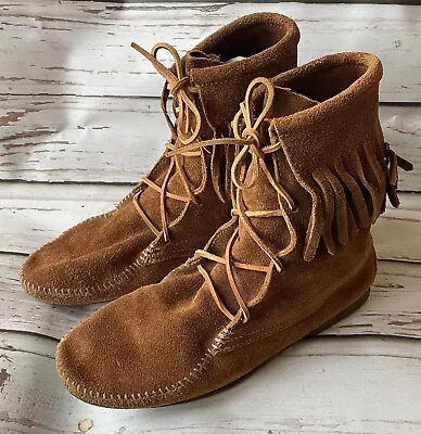Mens Minnetonka Moccasin Fringe Boots Size 9 Hard Sole Suede Leather Vintage • $27