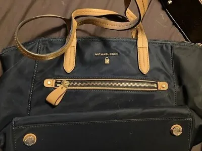 Michael Kors Navy Blue Nylon Brown Leather Kempton Tote Shoulder Bag/purse • $25